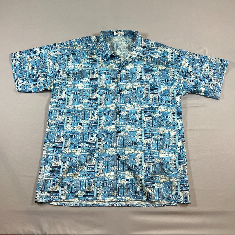 Thai Silk Hawaiian Shirt Mens 3XL Blue Geometric Print Button Up Resort Wear